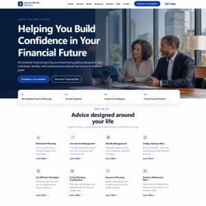 Peut inclure: Une page d'accueil de site web pour Summit Wealth Advisors avec le texte Helping You Build Confidence in Your Financial Future. La mise en page comprend des menus de navigation, des services comme la planification de la retraite.
