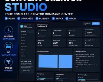Content Creator Dashboard | Content Planner App | Creator Studio | YouTube Planner | Social Media Organizer | Digital Content Calendar