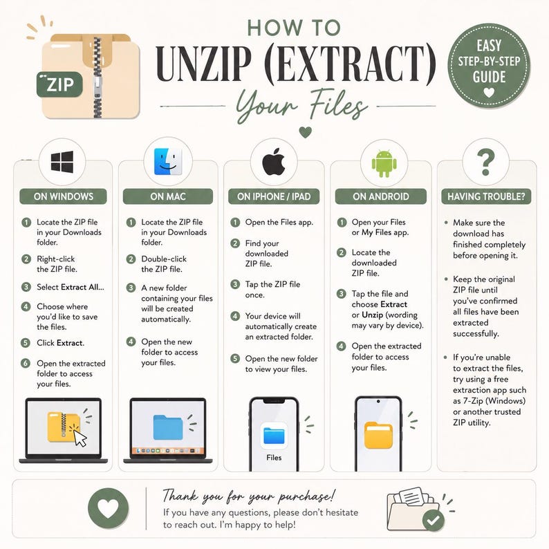 May include: An instructional infographic titled HOW TO UNZIP (EXTRACT) Your Files, featuring step-by-step guides for Windows, Mac, iPhone, iPad, and Android devices. It includes icons for each platform, numbered lists, and a troubleshooting section.