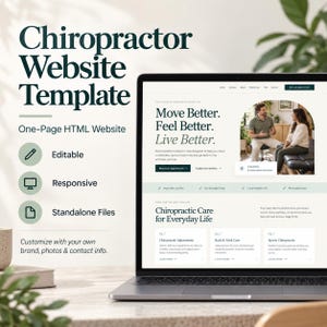 Peut inclure: Un affichage numérique d'un modèle de site web pour chiropracteur sur un écran d'ordinateur portable. Le texte indique Chiropractor Website Template, One-Page HTML Website, Editable, Responsive, et Standalone Files. Le site affiche Move Better.