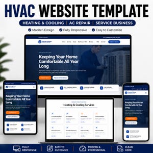 Puede incluir: Una plantilla de sitio web de HVAC digital mostrada en un monitor de escritorio, una computadora portátil y dos dispositivos móviles. La interfaz presenta un esquema de color azul oscuro y blanco con texto que incluye HVAC WEBSITE TEMPLATE.