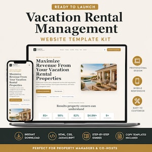 May include: A digital website template kit for vacation rental management displayed on a laptop and smartphone screen. The design features a beige colour palette, text headers, a hero image of a luxury villa, and icons for professional design.