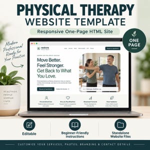 Peut inclure: Un modèle de site web pour la kinésithérapie affiché sur un écran d'ordinateur portable. Le site présente le texte 'Move Better. Feel Stronger. Get Back to What You Love.' et inclut des sections pour les services, les rendez-vous et les contacts.