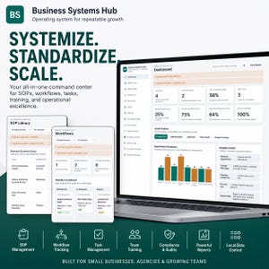 Könnte beinhalten: Eine digitale Dashboard-Oberfläche mit dem Titel Business Systems Hub, die auf einem Laptop-Bildschirm und zwei Mobilgeräten angezeigt wird. Die Oberfläche enthält Datenvisualisierungen, Aufgabenlisten und Tools für das Workflow-Management.
