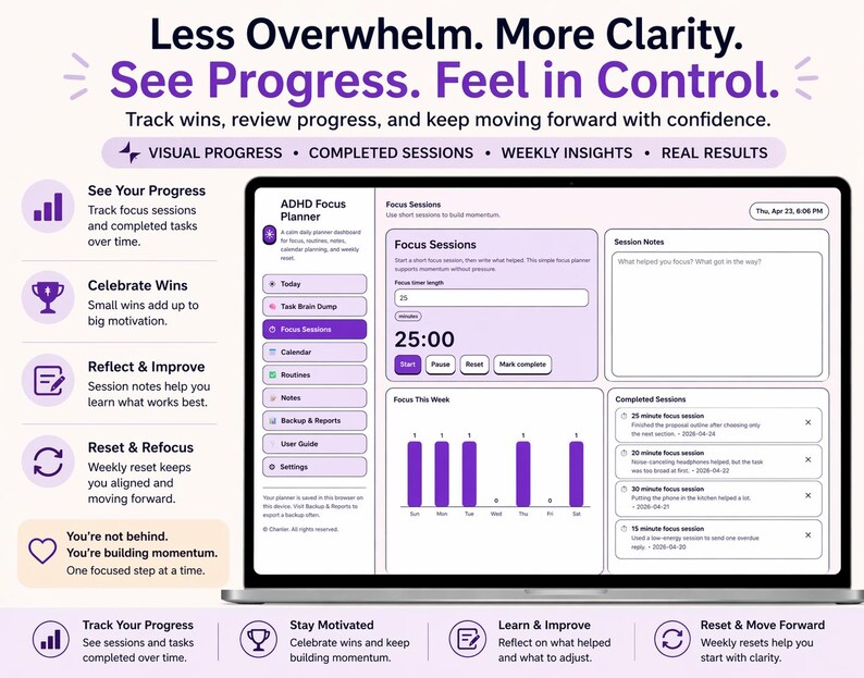 May include: A laptop screen displays an ADHD Focus Planner interface. The interface features a purple and white color scheme, with sections for focus sessions, session notes, and progress tracking. Text includes "Less Overwhelm. More Clarity. See Progress. Feel in Control."