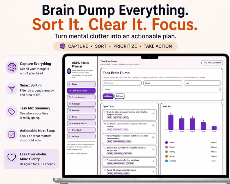 May include: A laptop screen displays an ADHD focus planner interface with the text "Brain Dump Everything. Sort It. Clear It. Focus." The interface includes sections for capturing thoughts, sorting tasks, and prioritizing actions. The color scheme is purple and white.