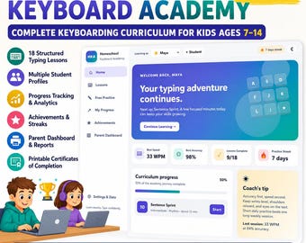 Homeschool Keyboarding Curriculum App | Typing Lessons for Kids Ages 7–14 | Offline Progress Tracker | Parent Dashboard | HTML Web App
