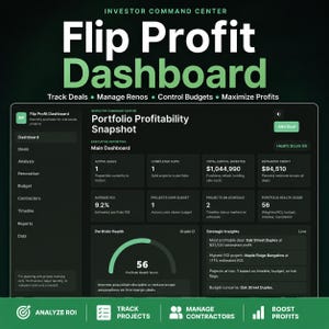 Può includere: Un'interfaccia digitale Flip Profit Dashboard per investitori immobiliari. Lo schermo mostra un Portfolio Profitability Snapshot con metriche come operazioni attive, capitale totale investito e un punteggio di salute del portafoglio di 56.