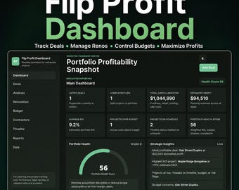 May include: A digital Flip Profit Dashboard interface for real estate investors. The screen displays a Portfolio Profitability Snapshot with metrics like active deals, total capital invested, estimated profit, and a portfolio health score of 56.
