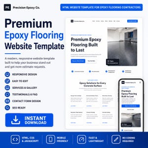 Pode incluir: Um modelo de site HTML digital para empreiteiros de pisos epóxi, com um layout limpo em azul e branco, uma imagem de um piso de garagem, visualizações para celular e desktop, e seções para serviços, depoimentos e formulários de contato.