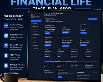Puede incluir: Una interfaz de panel financiero titulada Financial Command Center en un monitor. La pantalla oscura muestra métricas como el puntaje de libertad, patrimonio neto, deuda, ingresos y gastos, junto con texto sobre gestión financiera.