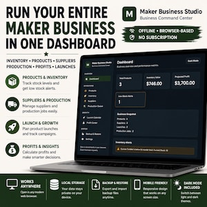 Maker Business Studio Business Dashboard / Gestore inventario / Catalogo prodotti / Monitoraggio fornitori / Coda di produzione / Calcolatore profitti
