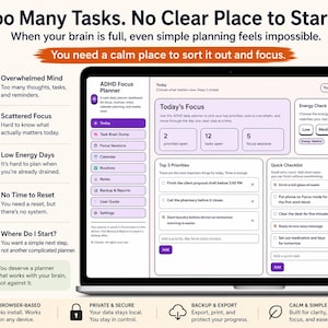 May include: A laptop screen displays an ADHD Focus Planner interface. The interface is white and purple, with sections for daily tasks, priorities, and energy levels. Text on the screen includes "Today's Focus" and "Quick Checklist."