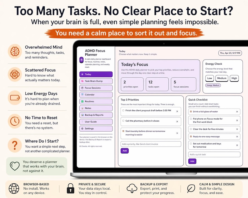 May include: A laptop screen displays an ADHD Focus Planner interface. The interface is white and purple, with sections for daily tasks, priorities, and energy levels. Text on the screen includes "Today's Focus" and "Quick Checklist."