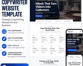 Copywriter Website Template, One Page HTML Website for Freelance Writers & Copywriting Services