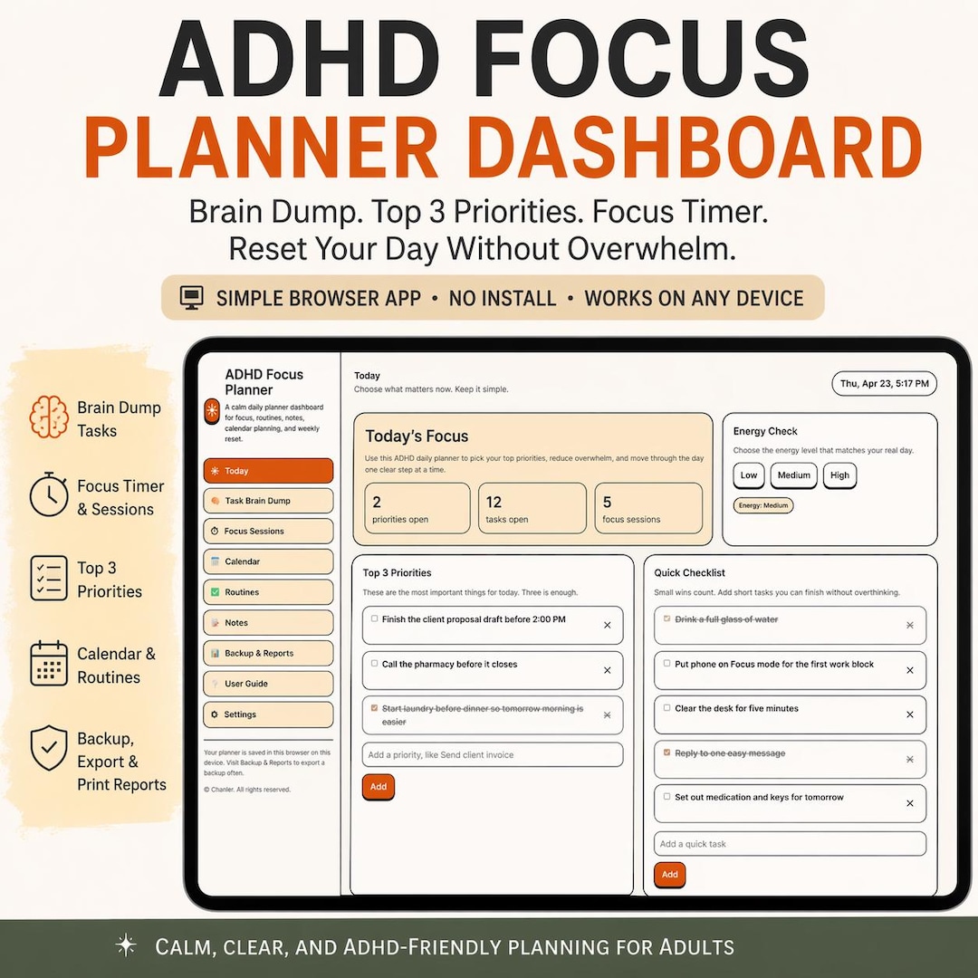 ADHD Planner Dashboard, Digital ADHD Planner for Adults, Focus Timer ...