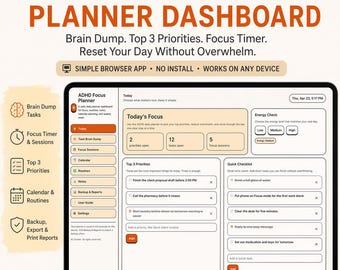 ADHD Planner Dashboard, Digital ADHD Planner for Adults, Focus Timer, Brain Dump, Daily Task Planner, Executive Function Browser App