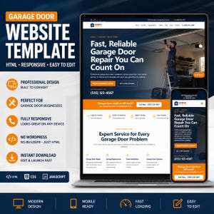 May include: A website template for garage door repair services displayed on a laptop screen and a smartphone. The design features a dark blue and orange color scheme with text including Fast, Reliable Garage Door Repair You Can Count On.
