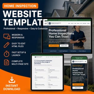 May include: A home inspection website template displayed on a desktop monitor, a tablet, and a smartphone. The screens show a professional service layout with text including Reliable Home Inspections, Professional Home Inspections You Can Trust.