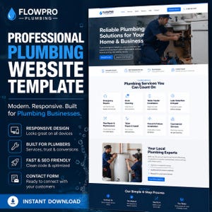以下が含まれることがあります： FlowPro Plumbingのデジタルウェブサイトテンプレート。ダークブルーのサイドバーにレスポンシブデザインやSEO最適化などの機能が白いテキストで記載され、その横には配管サービスの詳細が掲載された白いウェブページのプレビューが表示されています。
