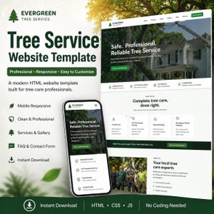 Peut inclure: Un modèle de site web numérique pour une entreprise d'élagage, présentant un affichage sur téléphone mobile et sur navigateur de bureau. Le design inclut le texte Evergreen Tree Service, Tree Service Website Template et diverses icônes de service. La mise en page est verte et blanche avec des images d'arbres et d'une maison.