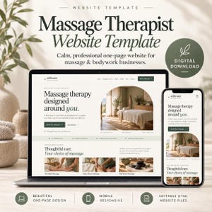 May include: A digital website template for massage therapists displayed on a laptop and smartphone screen. The design features a neutral color palette, serif typography, and imagery of massage therapy services, including Swedish, deep tissue, and hot stone.
