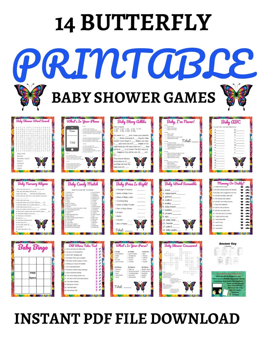 Butterfly Baby Shower Games, 14 Printable Game Bundle, Answers ...