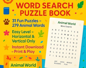 Animal World Word Search Puzzle Book for Kids | 31 Printable Puzzles, 279 Words | Easy Animal Word Search | Educational Fun Activity
