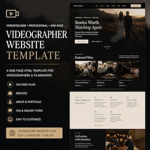 May include: A one-page HTML website template for videographers and filmmakers titled Frame & Story. The layout features a dark colour scheme with white text, showcasing sections for featured films, services, about, portfolio, and an inquiry form.