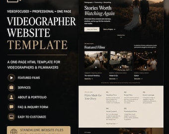 Videographer Website Template, One Page HTML Portfolio for Wedding, Brand & Event Filmmakers
