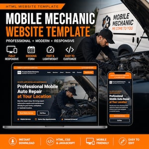 May include: An HTML website template for a mobile mechanic business, displayed on a laptop and smartphone screen. The design features a dark colour scheme with orange accents, showcasing text for auto repair services, booking forms, and contact information.