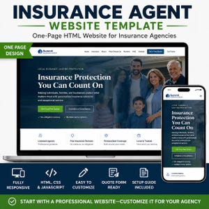 Insurance Agent Website Template, One Page HTML CSS JS Website for Independent Insurance Agencies