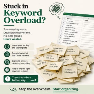 May include: An infographic titled Stuck in Keyword Overload? featuring a spreadsheet with keyword lists, a pile of scattered paper notes with handwritten phrases like wood sign and rustic wall decor, and text highlighting the need for organization.