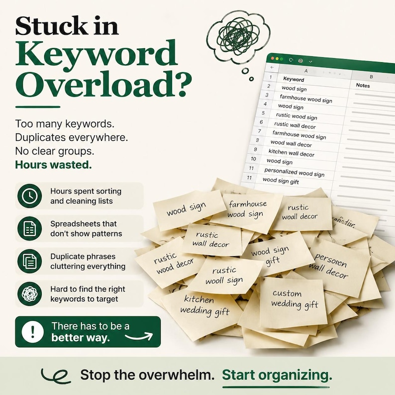 May include: An infographic titled Stuck in Keyword Overload? featuring a spreadsheet with keyword lists, a pile of scattered paper notes with handwritten phrases like wood sign and rustic wall decor, and text highlighting the need for organization.