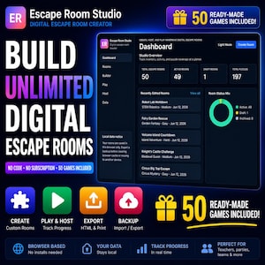 May include: A digital interface for Escape Room Studio featuring a dashboard with room statistics, a list of game titles, and status charts. The layout includes icons for creating, playing, hosting, exporting, and backing up data, with text stating 50 ready-made games included.