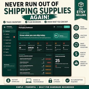 Gestore dell'inventario degli imballaggi per venditori Etsy, strumento di tracciamento delle forniture di spedizione, dashboard delle scorte di etichette per scatole e spedizioni, modello per attività artigianali.