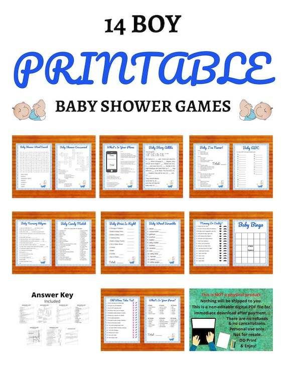 Baby Shower Games Printable Boy 14 Game Bundle Instant - Etsy