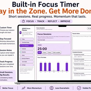 May include: A laptop screen displays a focus timer application with the text "Built-in Focus Timer." The interface includes a timer, session notes, and progress tracking. The application is designed to help users stay focused and get more done.