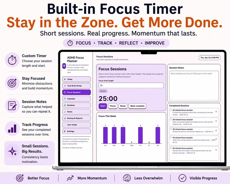 May include: A laptop screen displays a focus timer application with the text "Built-in Focus Timer." The interface includes a timer, session notes, and progress tracking. The application is designed to help users stay focused and get more done.