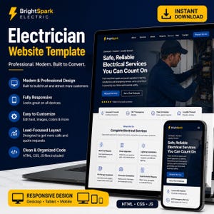 以下が含まれることがあります： BrightSpark Electricのウェブサイトテンプレートのデジタルマーケティンググラフィック。ノートパソコンとスマートフォンの画面には、青と白のテキスト、アイコン、電気技師の写真を使用したプロフェッショナルな電気技師のウェブサイトデザインが表示されています。