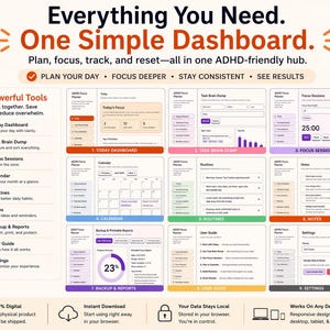 May include: A digital dashboard interface with the text "Everything You Need. One Simple Dashboard." The interface includes tools for planning, focusing, tracking, and resetting. Features include a calendar, routines, and backup reports. The design is responsive for desktop, tablet, and mobile.