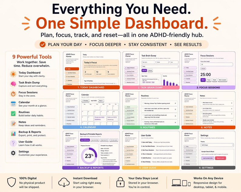 May include: A digital dashboard interface with the text "Everything You Need. One Simple Dashboard." The interface includes tools for planning, focusing, tracking, and resetting. Features include a calendar, routines, and backup reports. The design is responsive for desktop, tablet, and mobile.