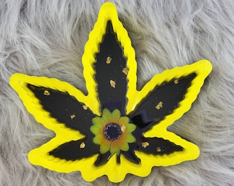 Pot Leaf Ashtray, Deep Resin Ashtray, Yellow and Black with Sunflower, One Of A Kind, Customizable, Keys Dish, Ring Dish, Jewelry, Hemp