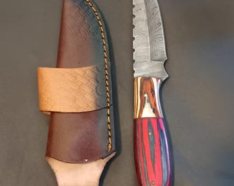 Handmade Damascus Steel Skinner Knife with Leather Sheath