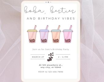 Boba Birthday Party Invitation | Bubble Tea Birthday Invite | Editable Canva Template | Instant Download
