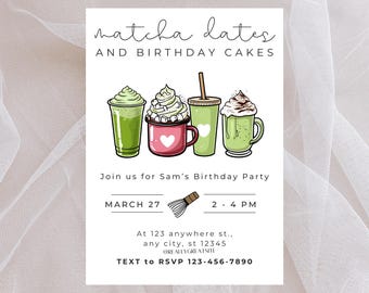 Matcha Birthday Party Invitation | Matcha Tea Birthday Invite | Editable Canva Template | Instant Download