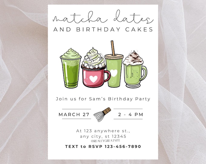 Matcha Latte Birthday Invitation – Editable Canva Template, Printable ...