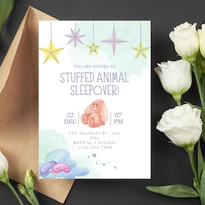 Faire-part de soirée pyjama en peluche - Invitation d'anniversaire de fête pyjama modifiable pour les enfants - Modèle de toile doudou imprimable - Téléchargement immédiat