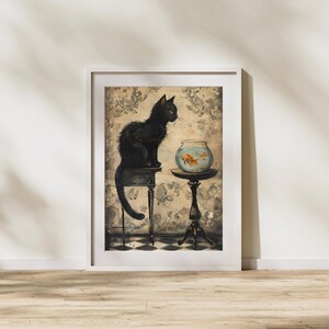 Arte mural caprichoso de gato negro – Lámina vintage de pecera – Decoración de animales melancólicos – Póster de gato estilo cottagecore gótico – Lámina artística