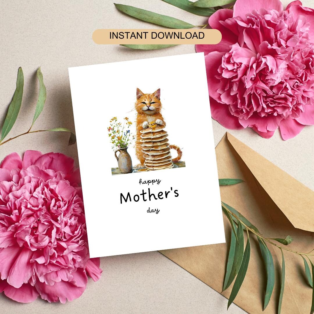 Mother's Day Cat Card – Funny Printable – Cat Baking Pancakes – Instant ...